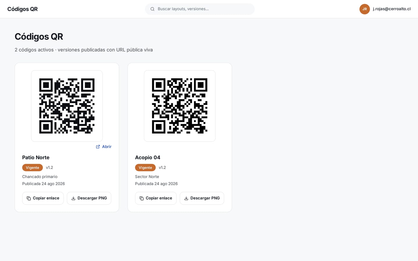 Dos tarjetas de código QR de área listas para imprimir; cada una abre la lámina vigente de su área